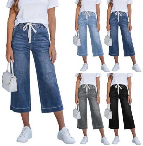 Jeans dam 3/4 långa vida ben jeans med elastiskt band dam raka ben jean hög midja sommar lätta stretch jeans lösa fritidsbyxor Essentials Mom Jean per un Look Rilassato e Casalingo., #01 blå, L