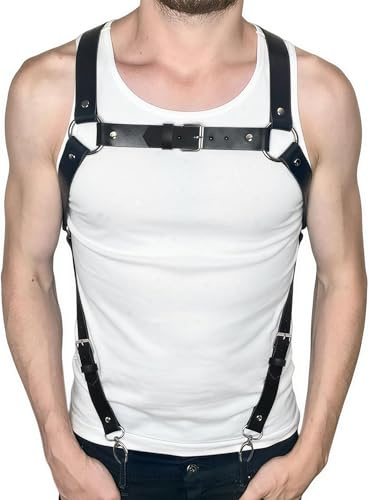 FOCICE Men's Leather Look Chest Harness - Adjustable Harness Braces with Buckle & Metal Rings - Punk Gothic Body Strap for Festival, Rave, Clubwear & Cosplay - Black