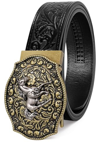 SANSTHS Cowboy Belt Embossed Leather Ratchet Belt for Men | with Automatic Alloy Buckle, Women Cowgirl Belt, Adjustable Western Buckle, for Jeans Pants, Halloween Cowboy Outfits