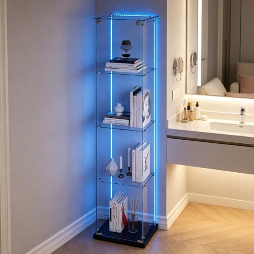 Vitrinskåp, modernt glas, vitrinskåp, stående samlarvitrinskåp, vitt stativvitrinskåp, smalt hörnvitrinskåp, glasskåp med LED-glasmonter med lås, glasskåp (svart, 1 dörr, 4 lager LED-ljuslist)