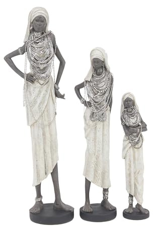 Deco 79 Polystone Woman Handmade Decorative Sculpture Standing African Home Decor Statues with Intricate Jeweled Details, Set of 3 Accent Figurines 15, 20, 24H, White