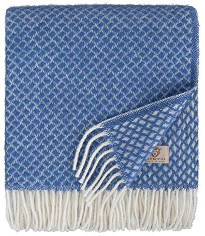Linen & Cotton Suave y Cálida Manta de Lana Sofia con Flecos - 100% Pura Lana de Nueva Zelanda, Azul (130 x 170 cm) Plaid Manta de Tiro para Sofa Cama Dormitorio Sala de Estar Adultos Mujeres Hombres