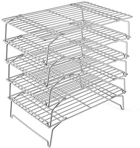 P&P CHEF Kühlgitter, 5-stöckig, Edelstahl, stapelbar, zum Kochen, Braten, Grillen, zusammenklappbar und robust, ofenfest und leicht zu reinigen, 38,1 x 25,4 cm, Silber