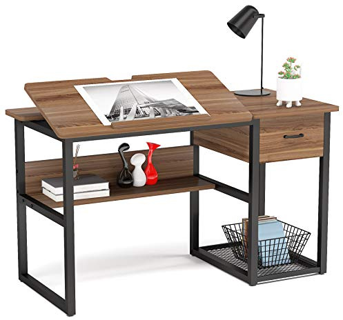 Tribesigns Drafting Table with Storage Drawers, Drawing Computer Desk Artist Craft Table Painting Desk Workstation with Shelves and Tiltable Tabletop for Students, Home Office