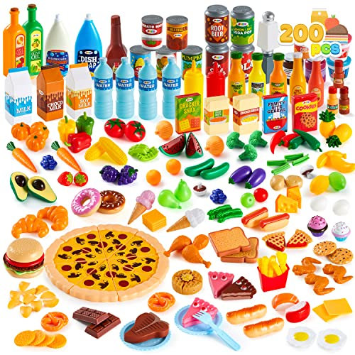JOYIN 200 Pieces Kids Play Food Deluxe Pretend Play Food Set Toy Food Play Kitchen Accessories Lebensmittel Spielzeug Plastik Obst und gemüse Kinder küchenspielzeug kinderküche Miniatur Lebensmittel