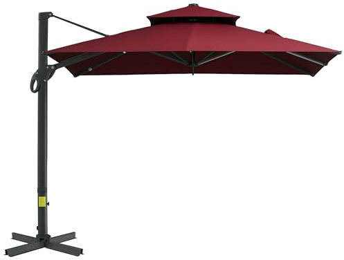 Outsunny 10ft Offset Patio Umbrella, Hanging Cantilever Umbrella, Square Shape, Aluminum Cross Base, Tilt, 360-Degree Rotation, Red