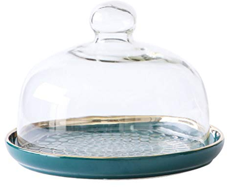 Housoutil Cake Stand Cake Plate Server with Dome Ceramic Cake Plate with Glass Lid, Fruit Platter Butter Dish Dome Tray Dessert Display Stand for Birthday Wedding (Green)