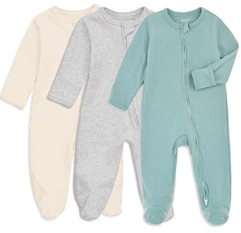 Aablexema Baby Footie Pajamas with Mitten Cuffs, Double Zipper Infant Cotton clothes Sleeper Pjs, Footed Sleep Play (0-3m, Ivory & Grey & Blue)