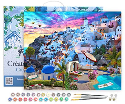 Figured'Art Peinture par Numéro Adulte avec Cadre Paysage de Grèce - Activité Manuelle Kit de Loisir Créatif DIY Numéro d'Art Complet - 40x50cm toile tendue sur châssis