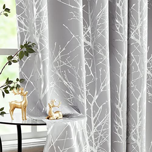 Fmfunctex Grey Silver Blackout Curtains for Bedroom 72 inch Drop Eyelet Curtains for Living Room Tree Branch Foil Thermal Insulated Window Curtain Panels 2 Panels
