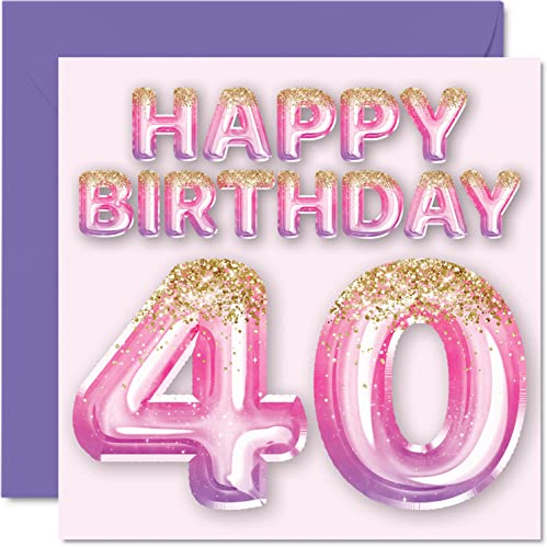 Stuff4 Geburtstagskarte zum 40. Geburtstag für Frauen | Rosa und lila Glitzerballons, Happy Karten für 40 Jahre alte Frau Mama Cousin Freund Schwester Tante