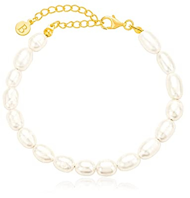 Brandlinger Perlenarmband Damen Silber 925. Armband Perlen vergoldet mit 18 Karat Gold, Schmuck für Frauen und Mädchen. Länge verstellbar 16-20cm.