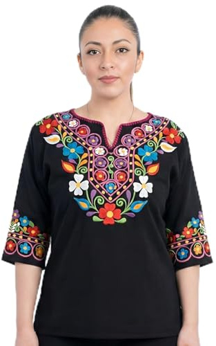 Cuitáxi Traditional Mexican Shirt for Women Made in Mexico - Embroidered Mexican Peasant Blouse - Cinco de Mayo Clothes for Women Black