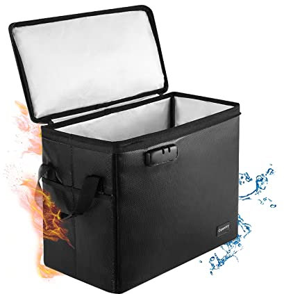 Feuerfeste Comic-Bücher-Aufbewahrungsbox 15.5 X 7.8 X 11.6，Schimmelsicherer und Feuchtigkeitsbeständiger, Faltbarer, Kurzer Kasten mit Schloss und Reißverschluss(2200℉), für 150-175 Comics(Schwarz)