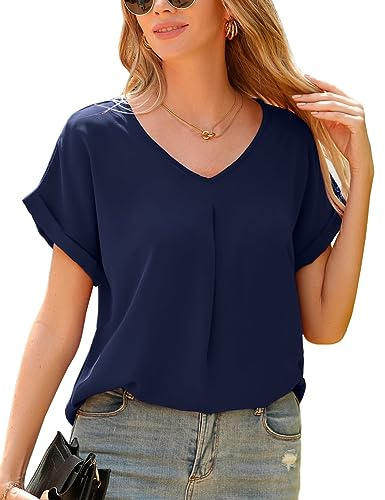 Yuson Girl Camicia Donna Maglietta Chiffon Donna Maniche Corte Camicetta con Scollo a V Elegante Blusa Estivi di Colore Puro Manica da Donna Casual Top T Shirt Sexy Donna Manica Corta(Blu Navy, XXL)
