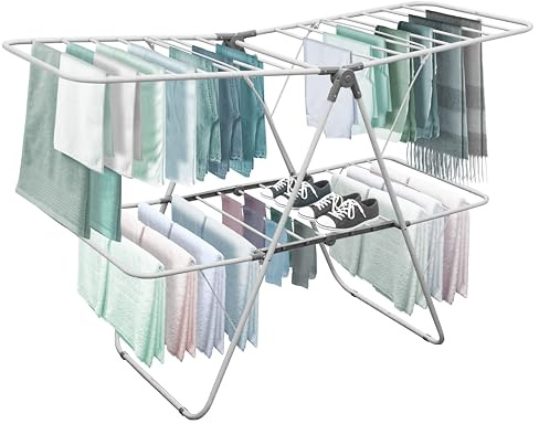 Brookstone 2 Tier Folding Rack - Indoor/Outdoor Collapsible Clothes Dryer Stand Laundry or Shoe Rack, Heavy Duty Freestanding Garment Hanger, Foldable, Clothing Drying Rack, White