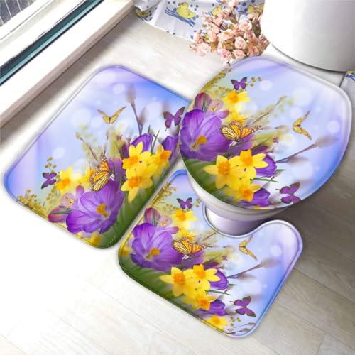 DEVOKE Badezimmer Badematte 3 Teilig Set Blumenthema 3D Weichen Mikrofasern Lila, Gelb Saugfähige Teppich,WC-Deckelbezug,U-Förmige Matte Maschinenwaschbar Badvorleger 40X60