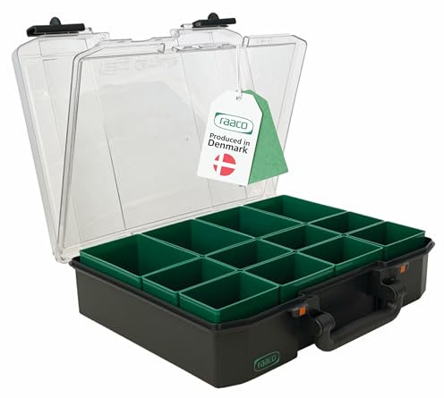 raaco CarryLite 80 4x8-12/DLU: Boîte de rangement Visserie Premium pour Atelier, Couvercle Sandwich, 12 Compartiments, Capacité de 10 kg, Stockage Sécurisé, Portable, 27,8 x 33,7 x 8,2 cm, Boîte à Vis