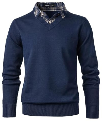 Herothorn Stickad tröja för män mode pullover mjuk touch v-ringad tröja topp med rutig eller vit stoppad skjorta krage, A-marinblå, M