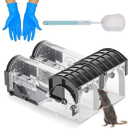Humane Mouse Traps for Indoors & Outdoors, No Kill Humane Mice Trap, Live Catch and Release, Effective Sensitive No Touch Mice Trap, Reusable Mouse Catcher, with Cleaning Brushes & Gloves (2 Pack)