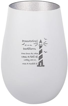 Der-Porzellan-Laden Windlicht mit Gravur Weiß Silber Teelichthalter | Freundschaft ist wie EIN Leuchtturm, Tischdeko modern