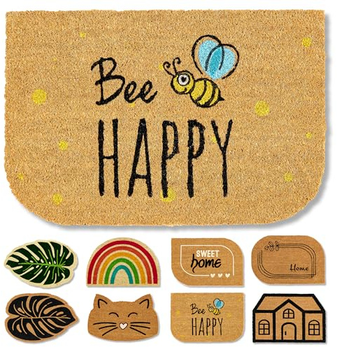 Fußmatte Kokos - Rutschfeste Kokosmatte Bee Happy 40 x 60 cm (Squircle) | Natürliche Fussmatte Innen Kokosmatte rutschfest Schmutzfangmatte Türmatte überdachter Außenbereich Kokosfußmatte mit Motiv