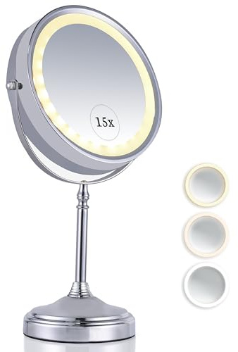 Super Zoom 15X Magnifying Makeup Mirror with Lights - 15X & 1X Make Up Vanity Mirror with 3 Lighting Modes, Rechargeable Battery with USB Cable - 20cm Wide & 38cm Tall (Chrome)