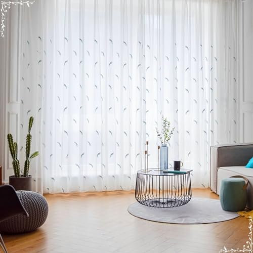Beydodo Gardinen Küche 2er Set, Vorhänge Lichtdurchlässig Ösen Nordisch Stickerei mit Blau Federn Motiv 86x214CM Weiß Schiebevorhänge Halbtransparent Wohnzimmer Schlafzimmer