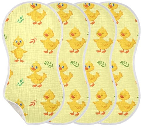KLL - Musselin-Spucktücher für Babys, Mädchen, 4 Stück, große Baumwoll-Spucktücher, Unisex, weich, saugfähig, bequem, Spucktücher, Baby-Waschlappen, Tier, gelbe Entenbadewanne