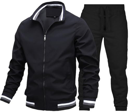 Herren-Freizeitjacke, leicht, mit Reißverschluss, langärmlig, Stehkragen, Streifendruck, Tasche, Sportbekleidung, Mantel Hose Krabbel Anzug