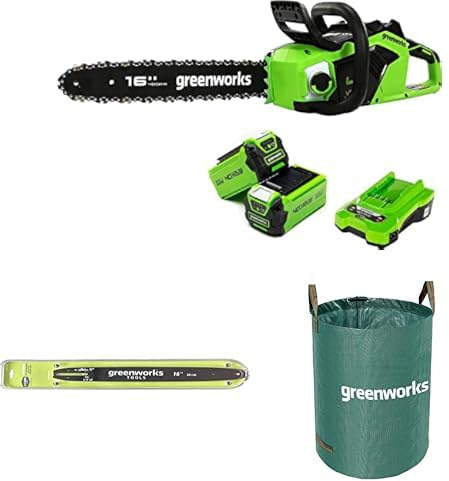 Greenworks 40cm Motosega a Batteria con Motore Brushless,2 Batterie da 40V 2Ah e Caricabatterie + Greenworks 40cm Lama Guida per Motosega a Catena+ Greenworks Sacco da giardinaggio da 120l