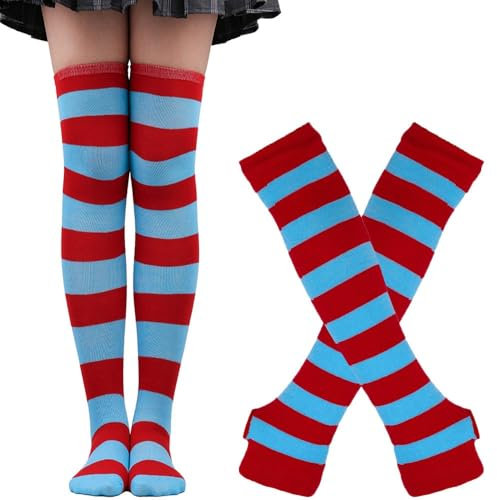 Whakano Lange Kniestrümpfe Armwärmer Set für Damen,Fingerlose Handschuhe Lange Strümpfe Herbst Winter,Armstulpen,Beinwärmer,Thigh High Socks,für Yoga,Laufen,Party,Festival,Streifen Rot Blau
