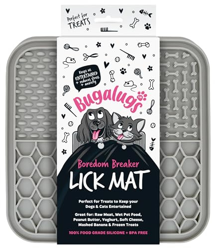 Bugalugs Leckmatte für Hunde & Katzen 100% Lebensmittelqualität Leckmatten für Hunde & Katzen Futtermatte BPA-frei Hundematte, Fütterung & Lecken Matte, reduziert Stress & Angst (Grau, 20cm)