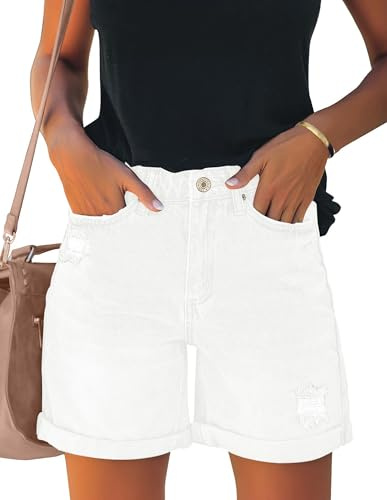 Roskiky Short en jean déchiré pour femme - Taille haute - Ourlet roulotté, Blanc brillant, XXL