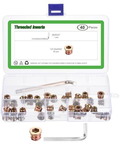 sourcing map 40Pcs 1/4-20x25/64 Threaded Inserts Nuts, Zinc Alloy Hex Socket Drive Screw-in Nut Threaded Inserts with 1Pcs Hex Wrench, Wood Inserts Bolt Assortment Kit for Wood Furniture