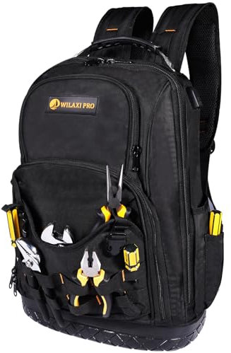 WILAXI PRO Tool Backpack Heavy Duty, Tool Bag Backpack for Men Waterproof Oxford Fabric with Plastic Base, 19IN Large Capacity with 44 Pockets, Padded Back & Straps for All Worksite Environments