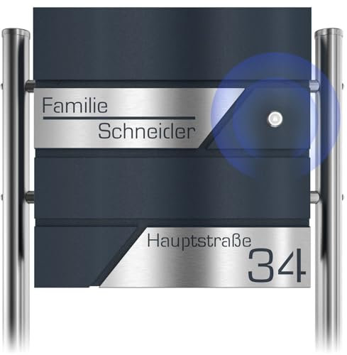 Graviers Design Standbriefkasten mit Funkklingel - Postkasten personalisiert Edelstahl Namensschild Hausnummer Straßennamen - Anthrazit RAL 7016 Briefkasten mit Schloss
