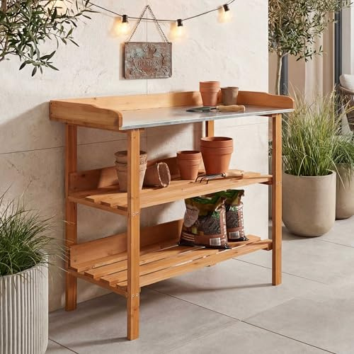 Mendler Pflanztisch HWC-O14, Gärtnertisch Blumentisch Pflanzregal, Outdoor Holz Tanne FSC®-Zertifiziert, 86x92x41cm - Natur