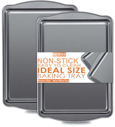 BEWOS 2 PCS Carbon Steel Cooking Trays for Oven –34×23.3×2.2cm Non-Stick Baking Tray with Handles, Dishwasher Safe & Easy to Clean, Baking Sheets for Baking/Roasting/Cooking