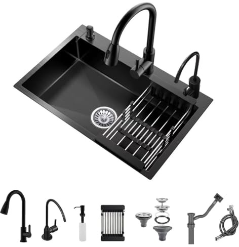 Goccia nera nel lavandino della cucina,Lavabo singolo in acciaio inossidabile,Lavandello della stazione di lavoro Topmount con rubinetto tirato fuori (Con rubinetto, 60 * 45 * 20cm)