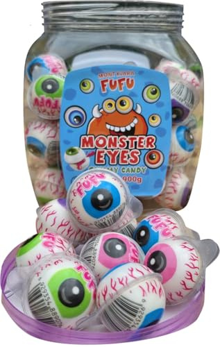 MONT KIARA FUFU Monster Eyes Lot de 50 bonbons en caoutchouc, yeux 3D, 900 g, fruités, pour Halloween, emballés individuellement, certifiés Halal, idéaux pour les fêtes, les anniversaires d'enfants et