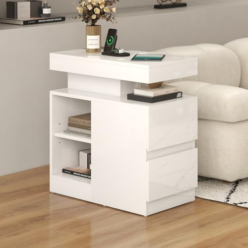 OC Orange-Casual Moderner Beistelltisch im Hochglanz, Nachtschrank mit 2 Schuhbladen, Wohnzimmertisch in 60 x 32 x 65.2 cm, Sofatisch für Wohnzimmer, Schlafzimmer, Büro, Weiß