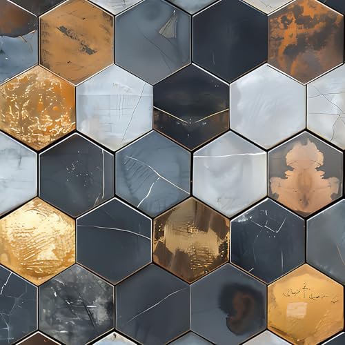 Livelynine Peel and Stick Backsplash Wallpaper Art Deco Geometric Hexagon Wall Tile Wallpaper for Kitchen Dark Navy Blue White Copper Metal Gold Vinyl Self Adhesive Contact Paper Waterproof 17.5x78.8