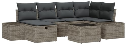 vidaXL Gartensofa-Set mit Kissen 7 pcs Grau Poly-Rattan, Garten und Terrasse, modernes modulare Lounge-Sofa Set, UV-beständig, Flexible Sitzgelegenheiten aus Poly-Rattan