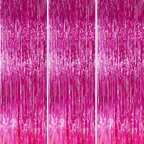 PartyWoo Hot Pink Foil Fringe Curtain 8.2FT 3pcs Red Rose Tinsel Streamers