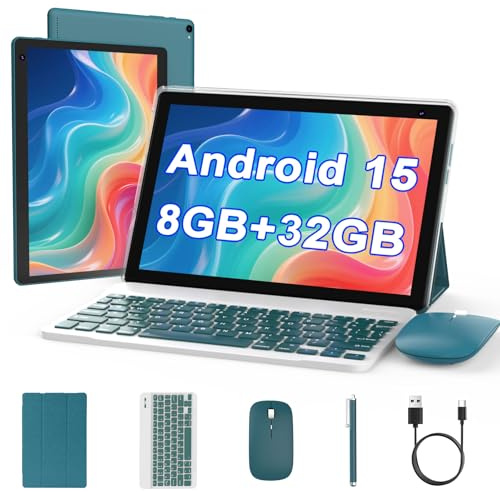 Android 15 Tablet 10 inch, 2 in 1 Tablet with Keyboard, 8GB RAM+32GB ROM Support 1TB Expandable Tablets PC, Quad-Core CPU, HD Screen, BT, WiFi, Long Battery Life Tablets with Case Mouse Stylus, Navy