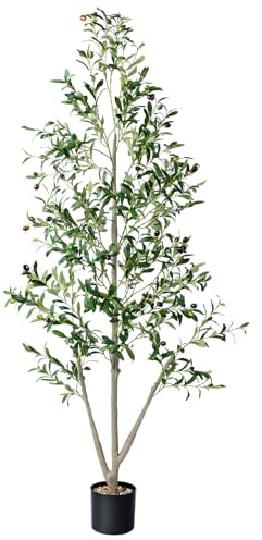 Olive Trees Artificial Indoor, 6FT Tall Faux Olive Tree with Moss and Planter, Artificial Plants Indoor with Natural Wood Trunk and Lifelike Fruits, Fake Tree for Home Office Living Room Decor