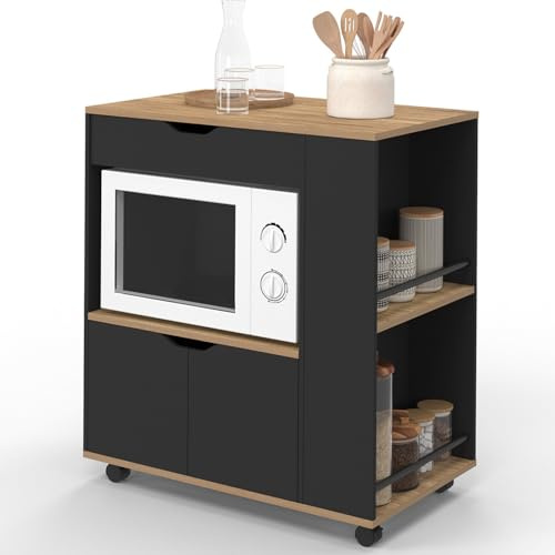 IDMarket - Desserte de Cuisine COSI Micro Ondes Noir et Bois | Avec placard, tioir et étagères à épices, l.76 cm