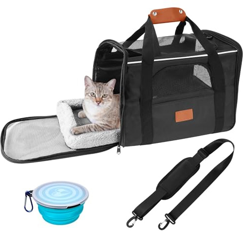 Faltbar Transportbox Katzen, Katzentransportbox mit Sicherheit Reißverschlüsse, Napf, Wendekissen, Katzen Transportboxen für kleine bis mittelgroße Katzen und Welpen bis 7 kg