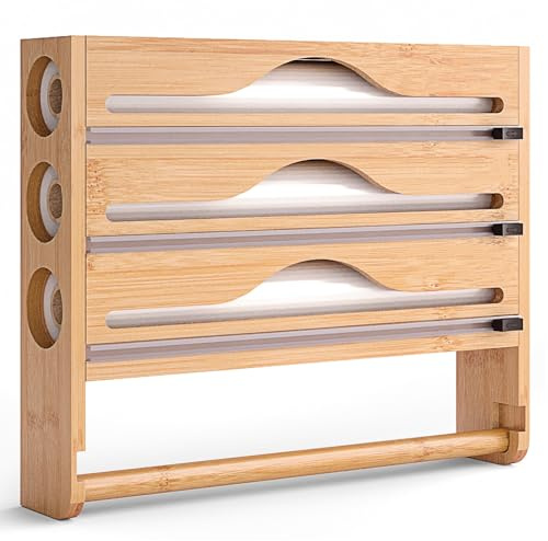 Dispenser Pellicola Cucina 3 in 1, porta rotoli alluminio e pellicola, Supporto a Parete o da Cassetto per Pellicola Trasparente, Alluminio e Carta Forno, Organizzatore Cucina Compatto